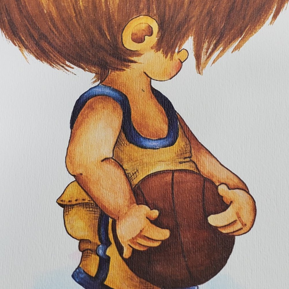 Little Boy BASKETBALL SPORTS STAR Art Print 11x14 inch VTG 1970s Watercololor